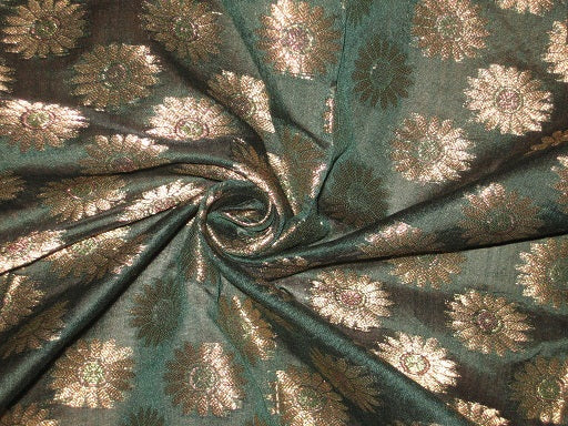 Spun Silk Brocade fabric Dark Green &amp; Metallic Color~Semi Sheer