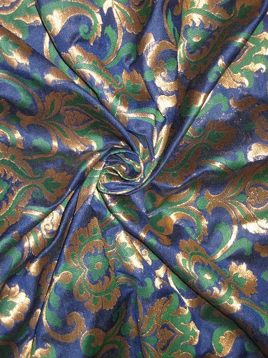 Pure Heavy Silk Brocade Fabric Peacock Green,Blue &amp; Metallic Gold