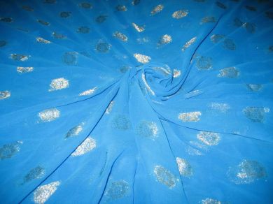 Polyester georgette Aqua Blue color fabric with metallic silver & gold jacquard ~ 44 inches wide