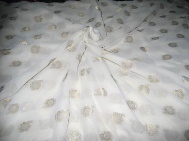 Polyester georgette fabric with metalic silver &amp; gold jacquard~Pure White colour[1087]