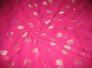 Polyester georgette fabric with metalic silver &amp; gold jacquard~Hot Pink colour[1081]