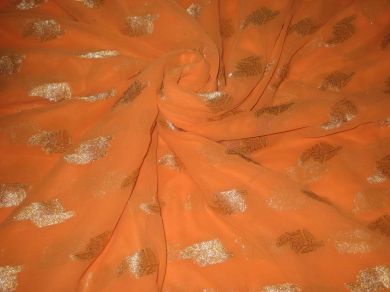 Polyester georgette fabric with metalic silver & gold jacquard~Sunny Orange colour[1082]