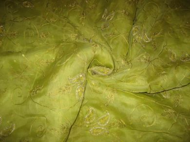 100 % silk organza fabric Kiwi Green Colour beadwork 44" wide [1017]