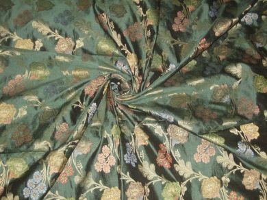 Emerald Green silk dupioni with floral design jacquard~Width 44
