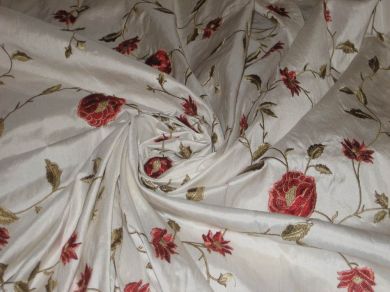 White colour silk dupioni fabric with bright Red flowers 54&quot; wide