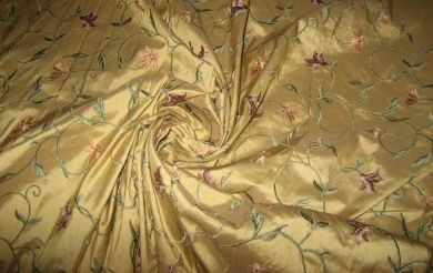 silk dupioni silk Mustard Gold colour with floral embroidery 54" wide [1135]
