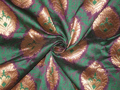 Pure Silk Brocade Fabric Green,Purple &amp; Metallic Gold 44&quot;