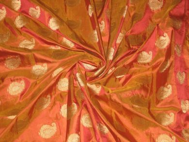 Pure Silk fabric with jacquard paisleys design~Orange colour with gold paisleys~Width 44