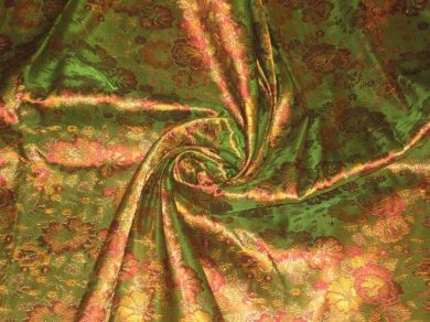 Pure Silk fabric~Width 44~Parrot Green colour with Rust and Gold floral design&quot;