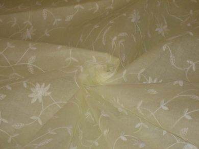 100 % Cotton organdy fabric embroidered Lime Yellow colour w/white machine embroidered 44" wide [964]