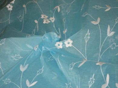 100 % Cotton organdy fabric embroidered Sky Blue colour w/white machine embroidered 44" wide [970]