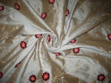 SILK DUPIONI embroidery w/ velvet flowers Iridescent green 44" wide DUP#E5