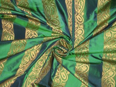Iridescent peacock green colour with gold paisleys jacquard design~SILK TAFFETA FABRIC 54