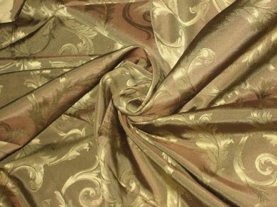 SILK TAFFETA  POLYESTER  FABRIC Khaki colour with gold jacquard design 54" wide [937]