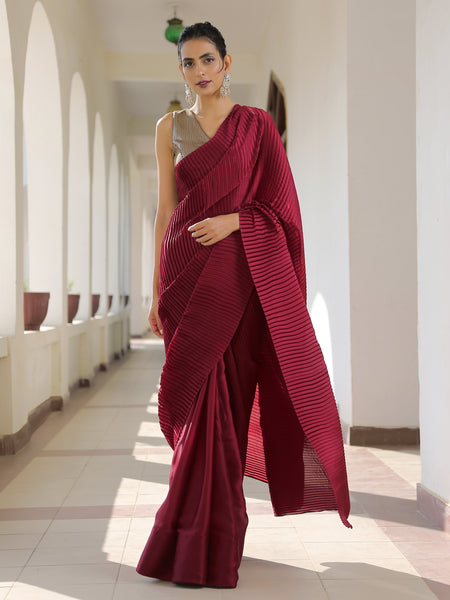 Burgundy color crushed polyester pleated satin fabric 59'' wide.