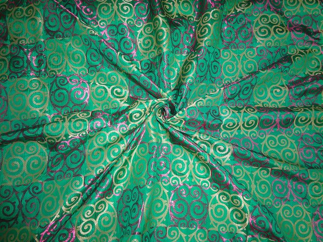 Pure SILK BROCADE FABRIC Pink,Green &amp; Metallic Gold 44" wide BRO315[4]