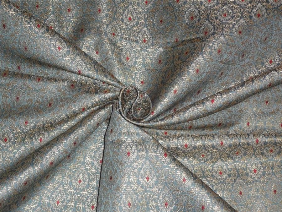 HEAVY SILK BROCADE CLOUDY BLUE ,RED WITH METALLIC GOLD COLOR 44&quot;