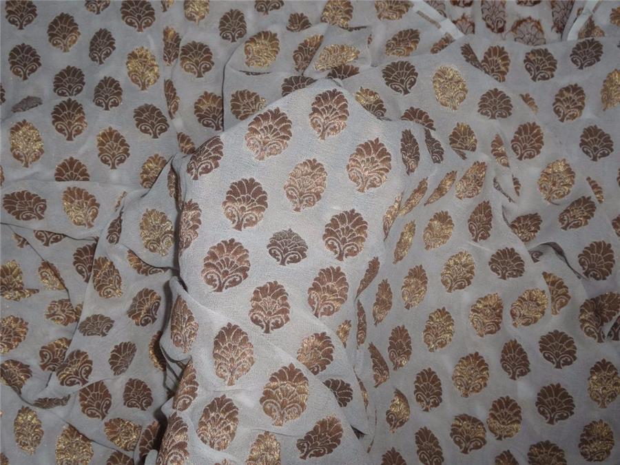 100% SILK Georgette Fabric Ivory x Metallic Gold Small Motif 44&quot;