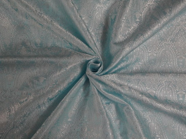 Pure Silk Brocade~Width 44&quot;~Light Blue &amp; Ivory Colour floral design