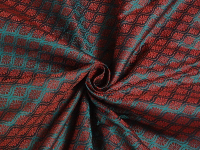 Spun SILK BROCADE FABRIC Green Red color 44" WIDE BRO285[4]