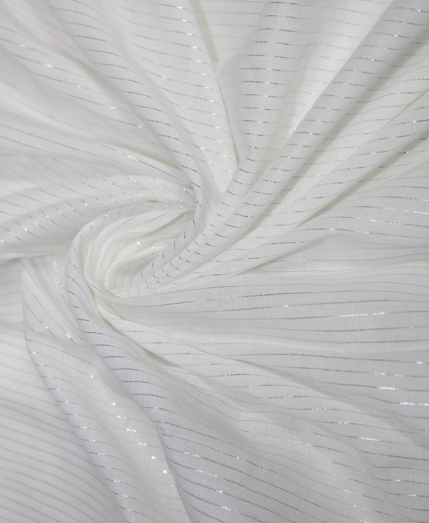 White heavy cotton fabric silver color horizontal stripe lurex weave 44" wide [9139]