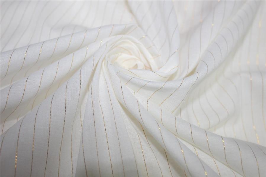White heavy cotton fabric with gold color stripe lurex weave 44" wide [9143]