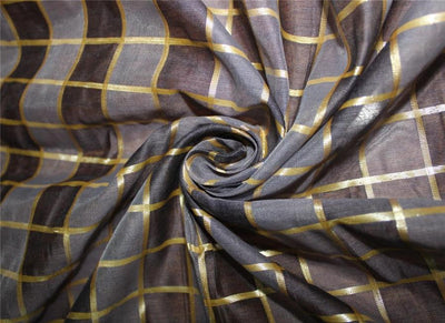 Cotton chanderi fabric plaids shade of grey &amp; metallic gold 44&quot; wide