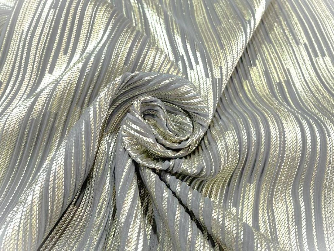 Cream Pleated Lycra Stretch Fabric with Gold Foil Print