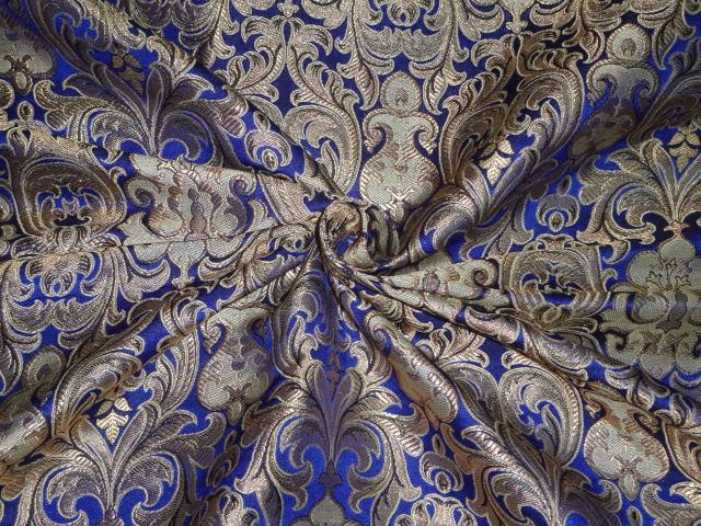 SILK BROCADE FABRIC ROYAL BLUE,BEIGE X METALLIC GOLD COLOR 44" wide BRO435[1]