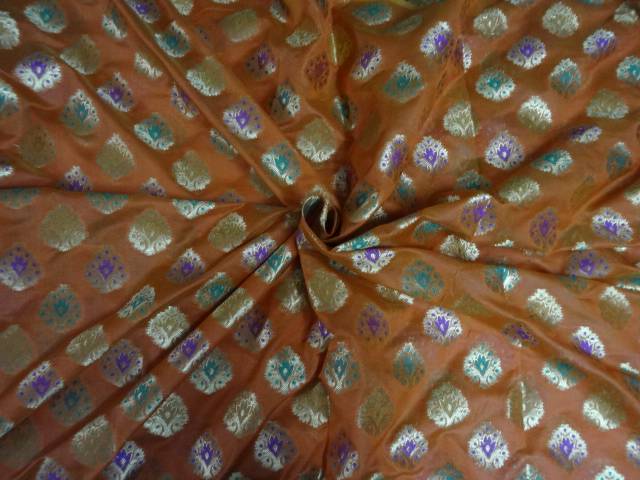 SILK BROCADE FABRIC ORANGE,GREEN ,METALLIC GOLD COLOUR 44" WIDE BRO409[5]