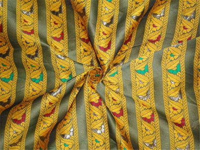 brocade~64&quot;width~henna green,mustard yellow,red x metallic gold color