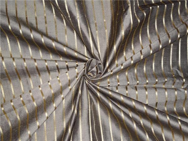 KHAKI GREEN X GOLD COLOUR STRIPES~SILK DUPIONI FABRIC~WIDTH 54