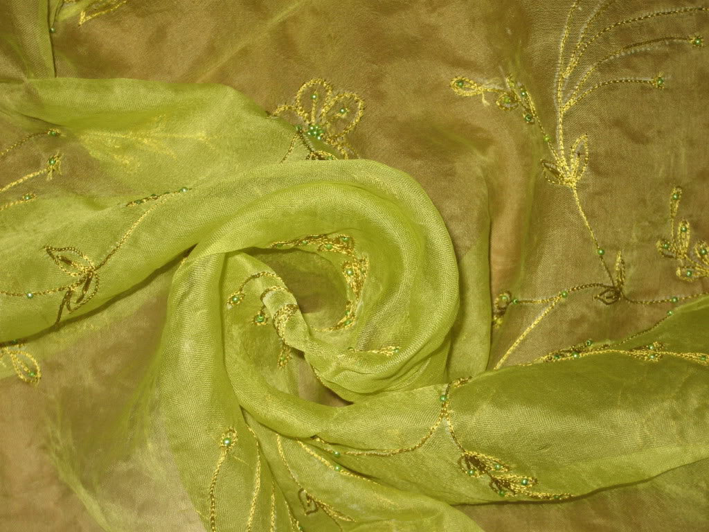 100 % SILK ORGANZA FABRIC KIWI GREEN COLOUR embroidered 44" wide[1016]