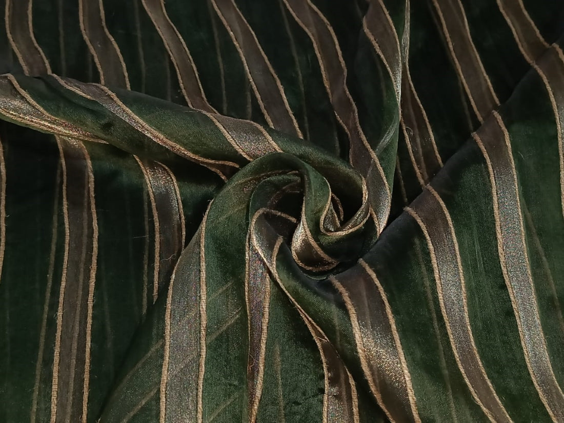 100% Silk mettalic tissue organza fabric dark green and gold with jute stripe design 44 INCHES WIDE