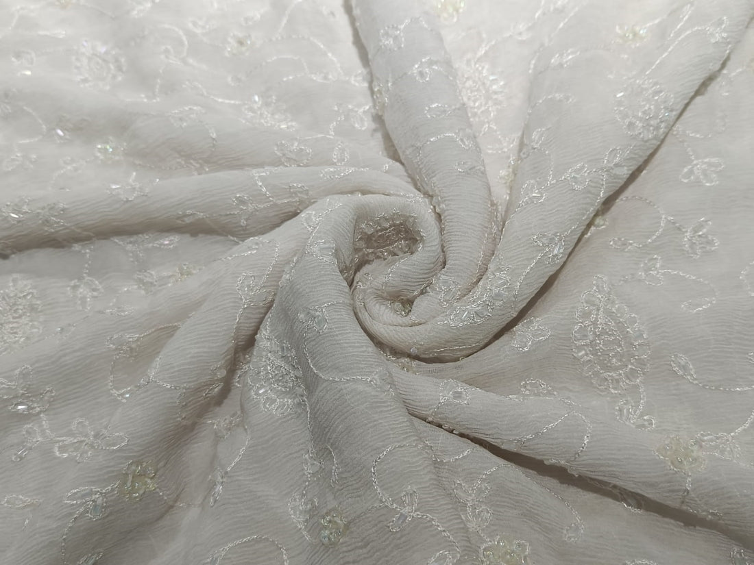 100% Silk Chiffon Fabric Embroidery With White Beads 44"~wide