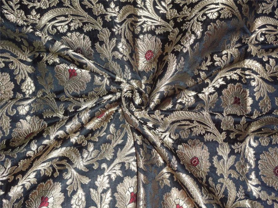 Heavy Silk Brocade fabric Black,Red X Gold Color 44&quot;