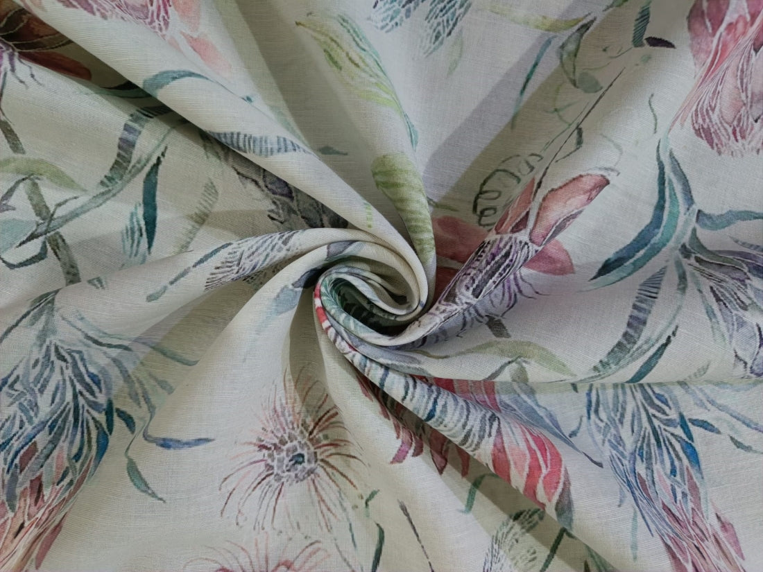 100% linen Floral digital print s fabric 44" available in  two colors ivory red floral and powder blue, pink floral[12910/12911]