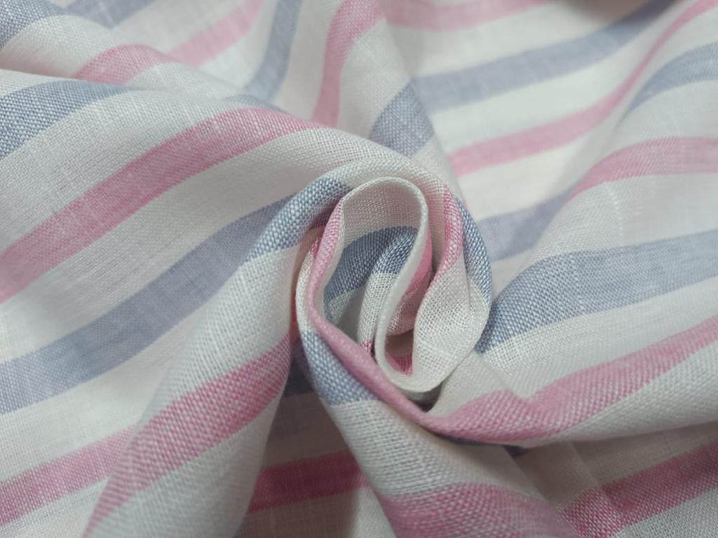 Superb Quality Linen Club Baby Pink and Powder Blue with white horizontal stripe Fabric 58" wide [1034]
