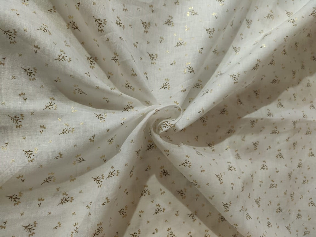 Superb Quality Linen white ivory with gold foil print fabric 58" wide