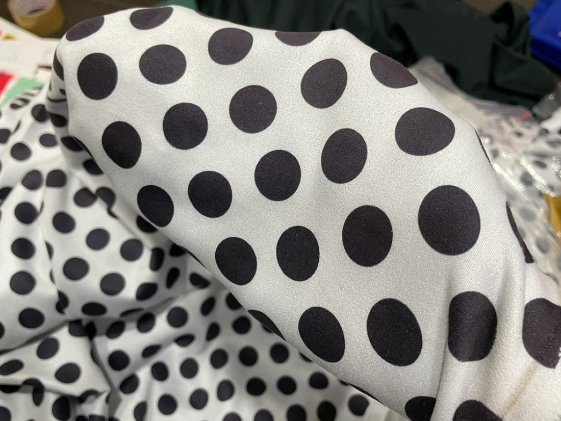 Polka Dotted black and white print Scuba Knit fabric thin ~ 59&quot; wide