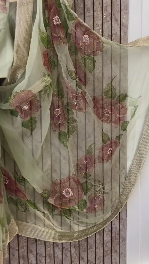 Handpainted floral 100% silk organza sari