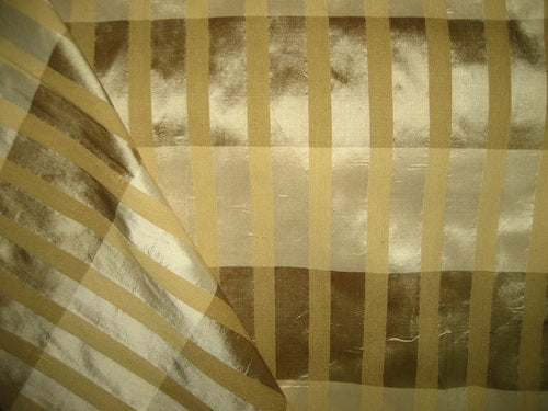 Pure SILK Dupioni FABRIC Plaids Shades of Gold Brown & Cream with dobby stripes