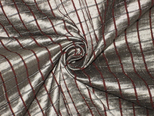 100% SILK Dupioni FABRIC Silver & Red color &quot;Waffle &quot;plaids