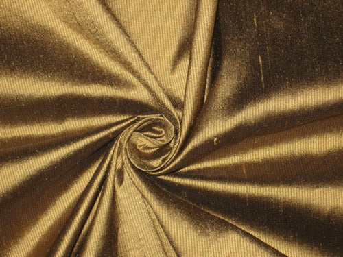 PURE SILK Dupioni FABRIC Gold &amp; Brown color thin Stripes DUPS44