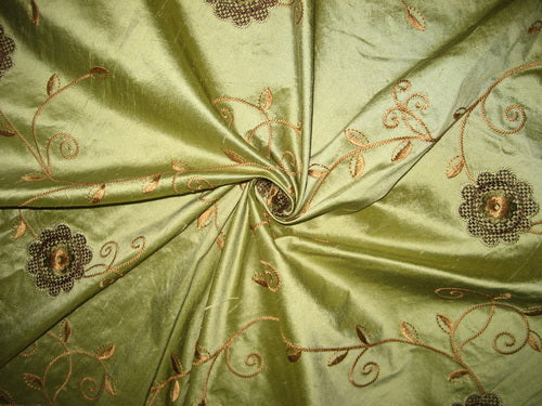 Olive Green SILK DUPIONI Fabric with Brown Embroidery