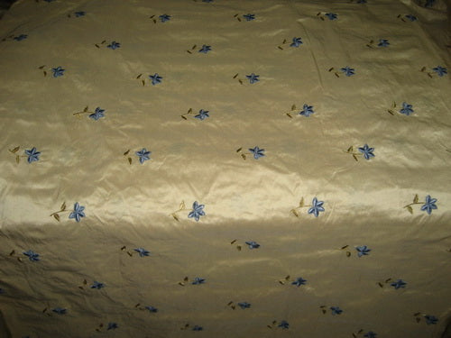 Gold SILK DUPIONI Fabric with blue velvet Embroidery[2568]