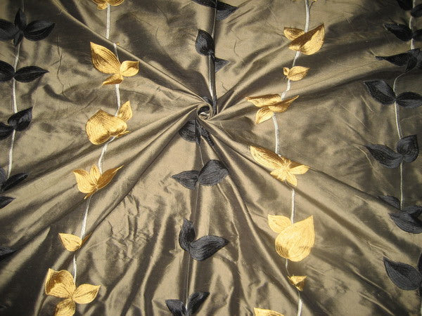 SILK DUPIONI Fabric Dark Greenish Brown with Embroidery