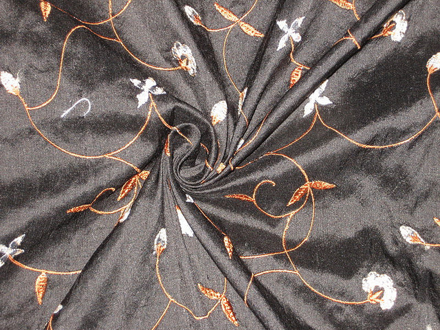 Pure SILK DUPIONI Fabric Black Floral Embroidery 54&quot;