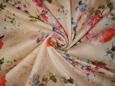 Chanderi silk fabric FLORAL PRINT cream with pink and blue 44" wide [12871]