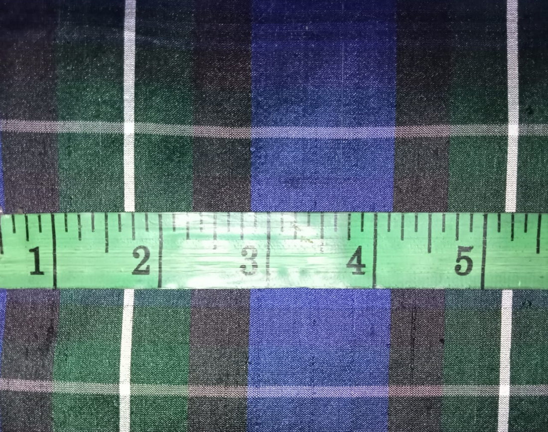 100% silk dupion blue green tartan Plaids fabric 54" wide DUPNEWC7[4]